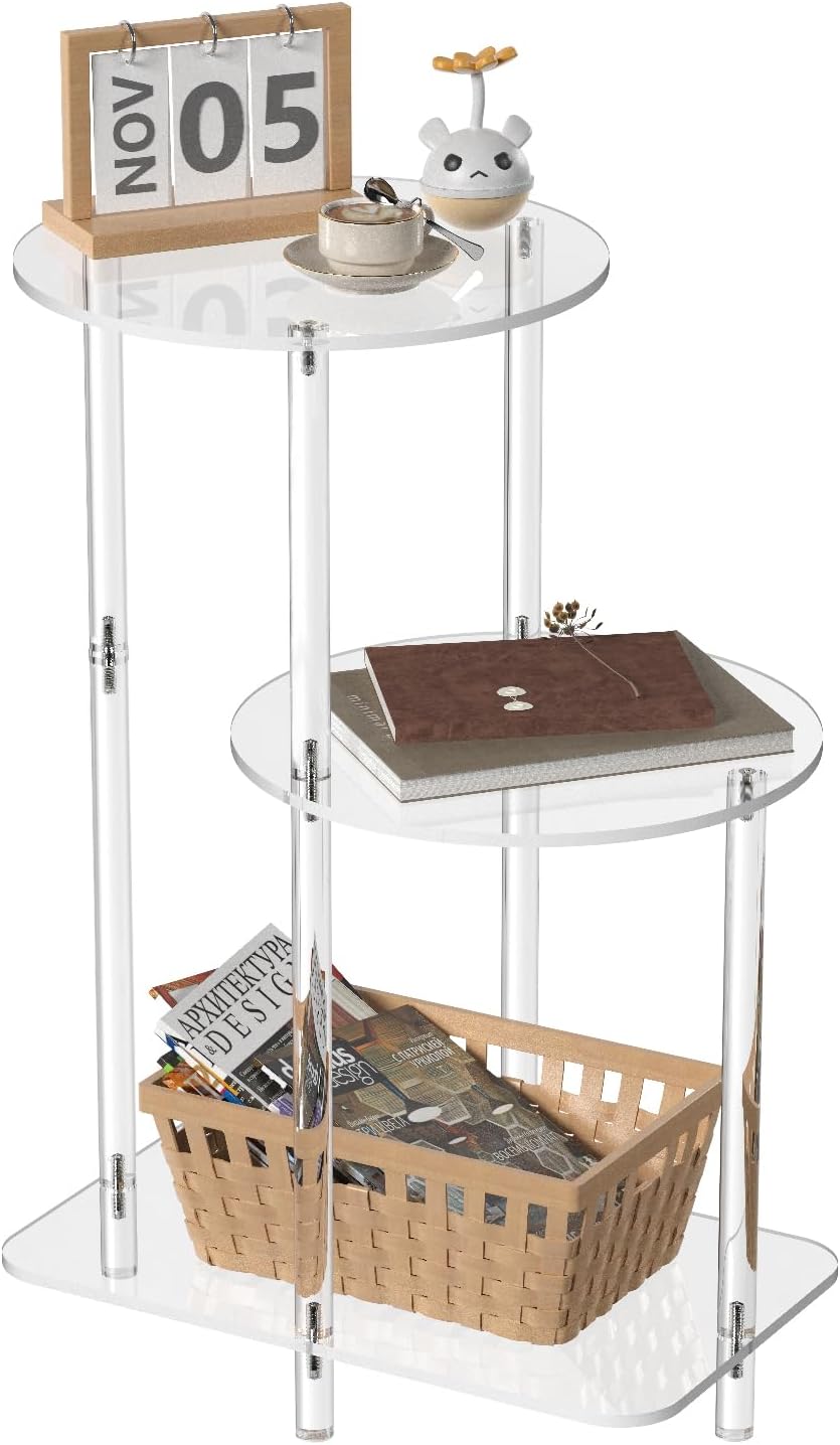 Acrylic Round Side Table - 3 Tiers Step End Table - Clear Nightstand Small Bedside Table Accent Entryway Table