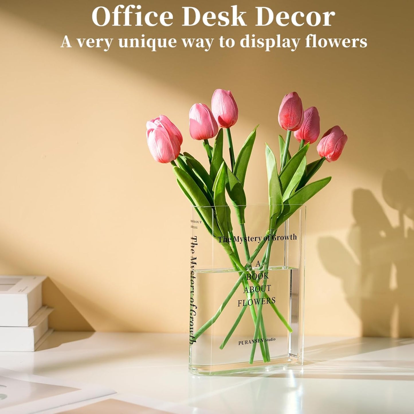 Clear Book Flower Vase - Floral Bookshelf Decor, Acrylic Flower Holder