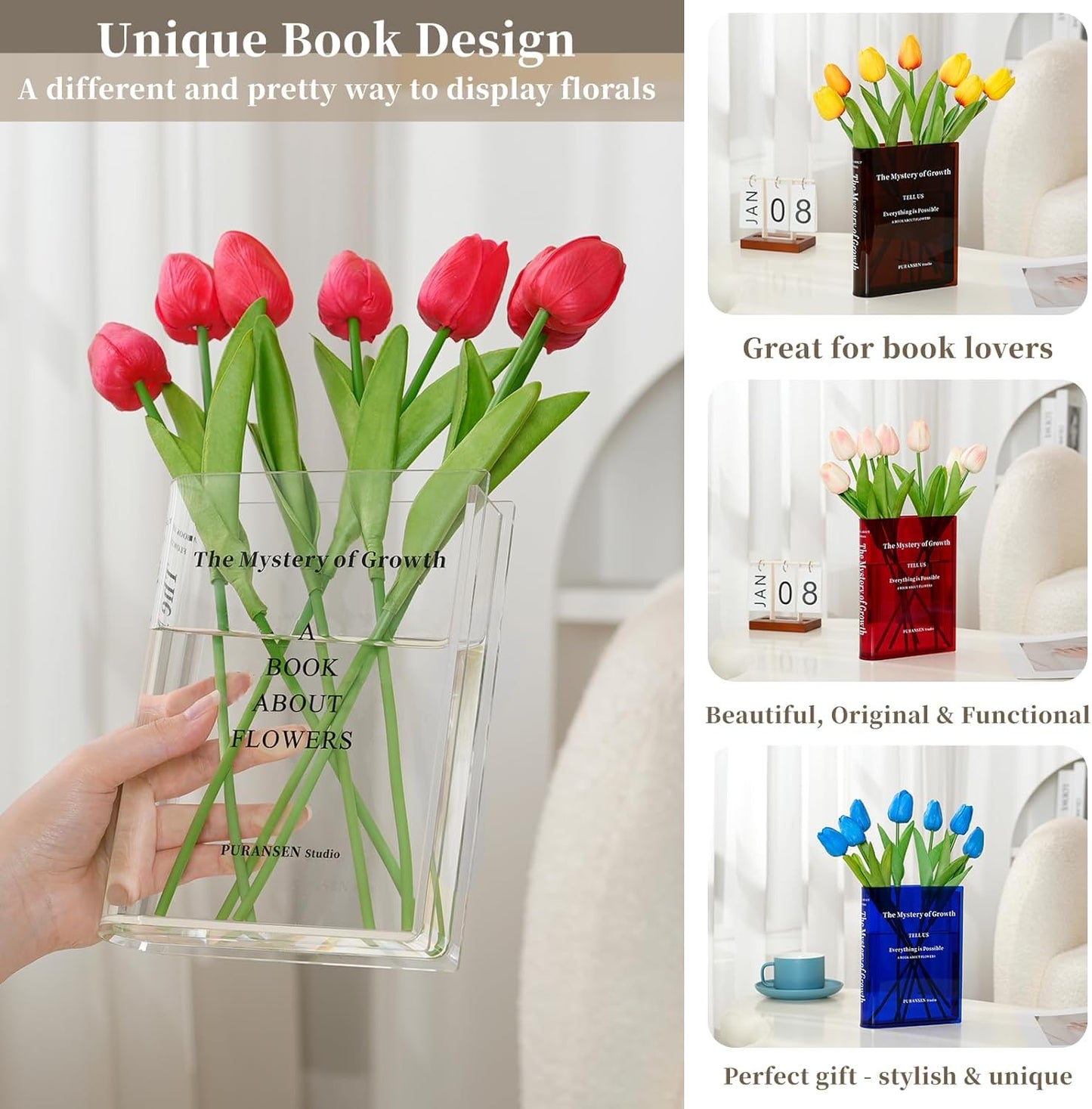 Clear Book Flower Vase - Floral Bookshelf Decor, Acrylic Flower Holder