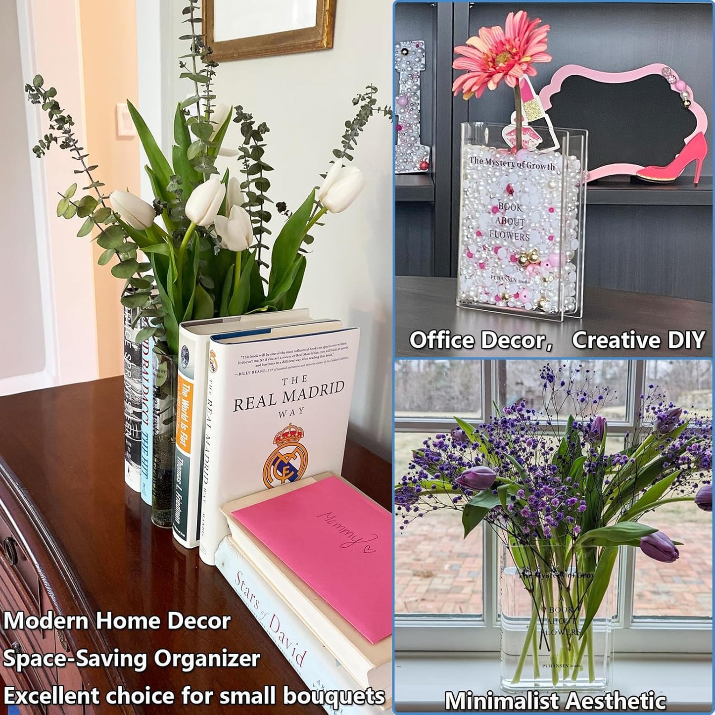 Clear Book Flower Vase - Floral Bookshelf Decor, Acrylic Flower Holder