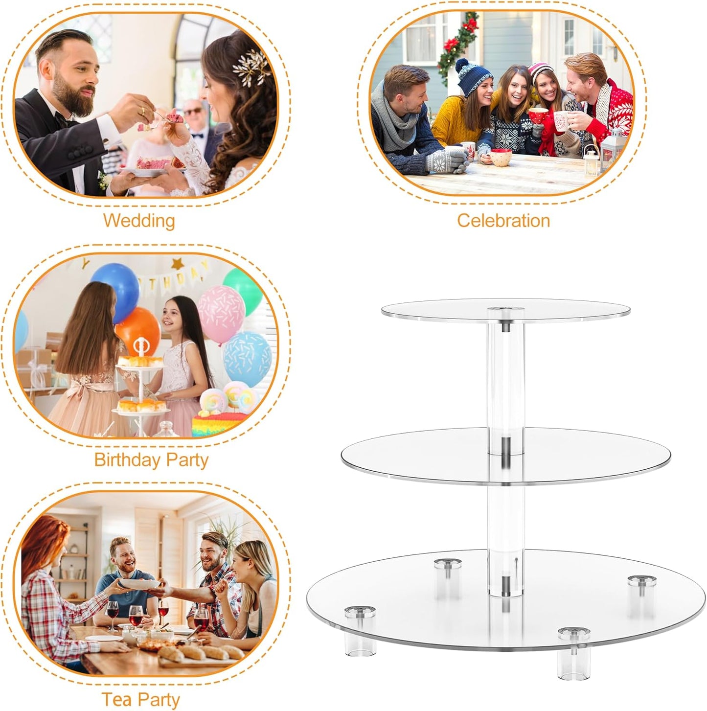 Acrylic Cupcake Stand, Clear Dessert Tower Holder Display with Base for Wedding, Party, Baby Shower, 3 Tier Round