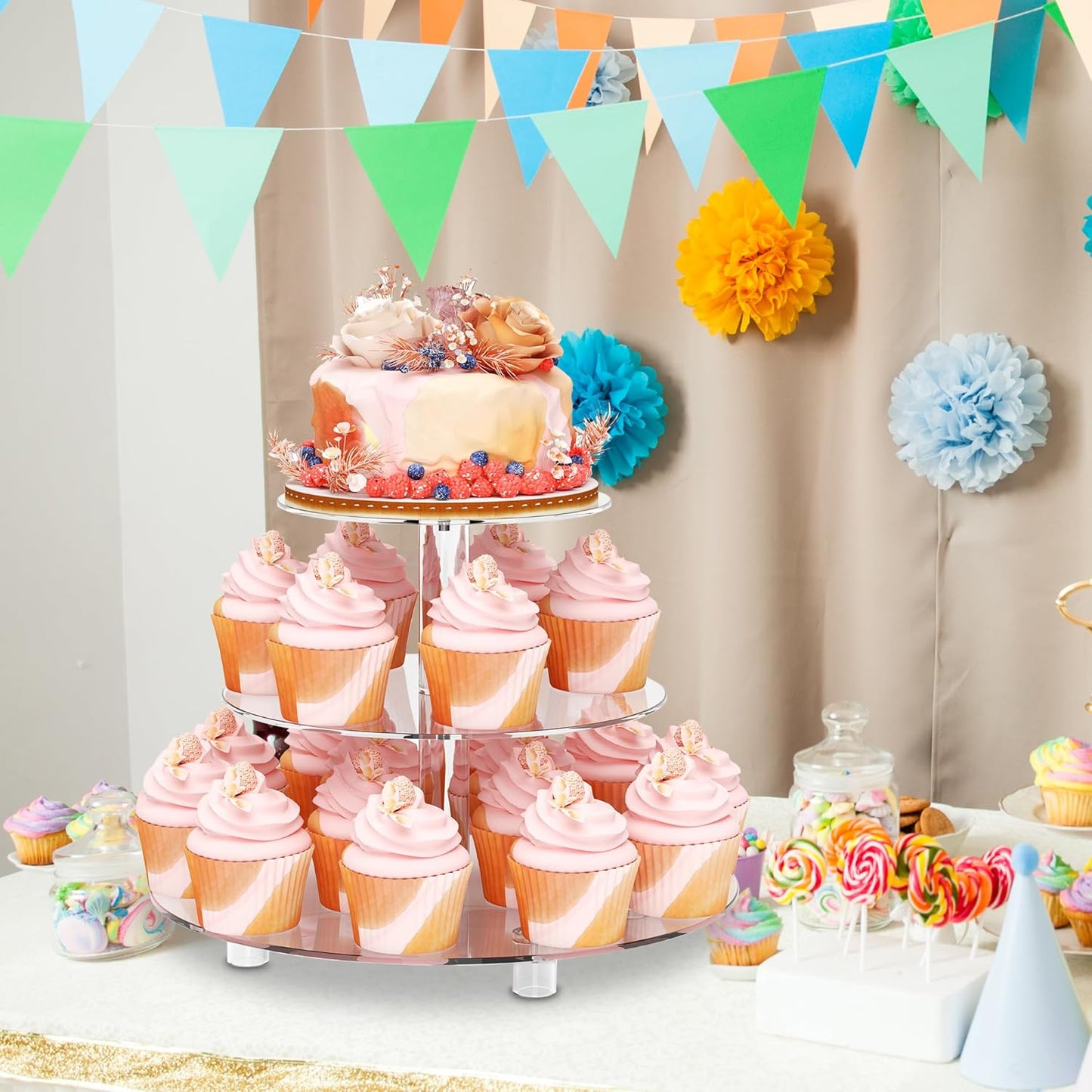 Acrylic Cupcake Stand, Clear Dessert Tower Holder Display with Base for Wedding, Party, Baby Shower, 3 Tier Round