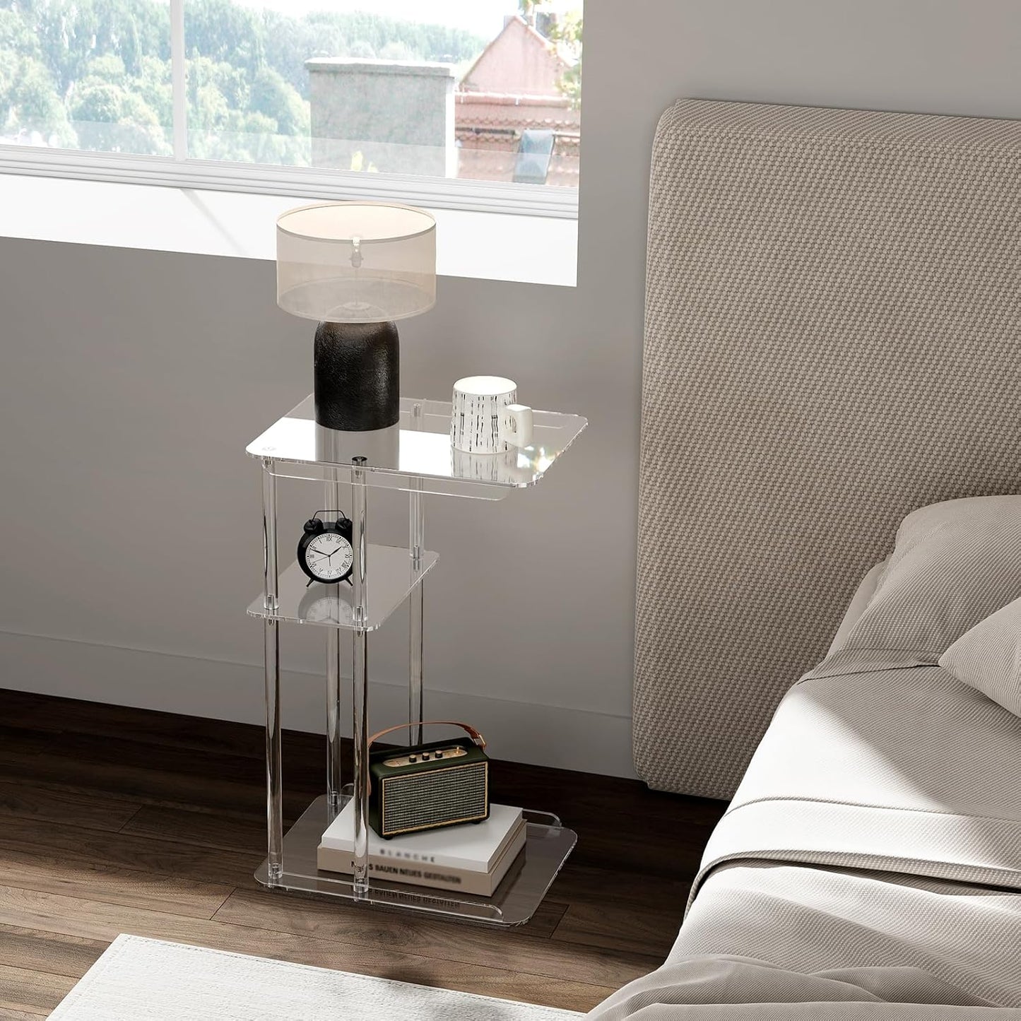 Clear Acrylic Side Table | C Shaped End Table for Sofa | Small Snack Tables for Living Room