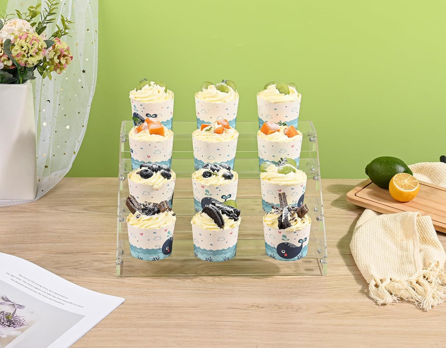 12" Acrylic Riser Display Stands - 4 Tier Clear Acrylic Display Shelf, Double Sided Usable