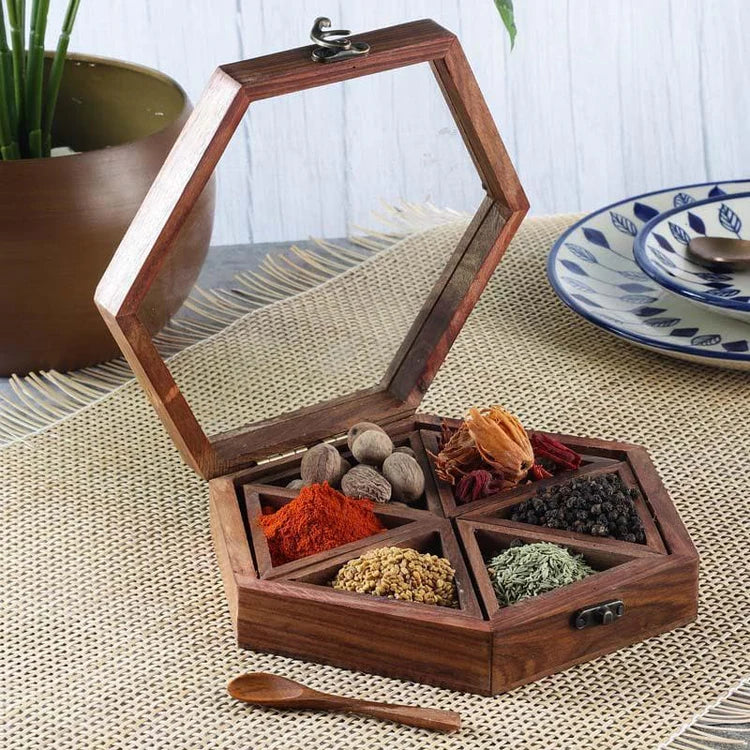 Sheesham Wood Masala Box With Glass Lid Hex 6N Lime Metal