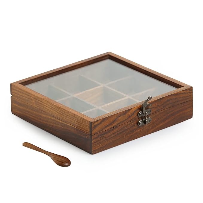 Sheesham Wood Masala Box With Glass Lid (9N)