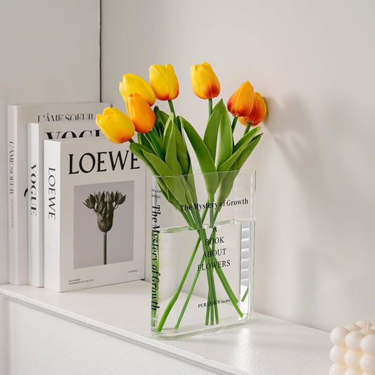 Clear Book Flower Vase - Floral Bookshelf Decor, Acrylic Flower Holder