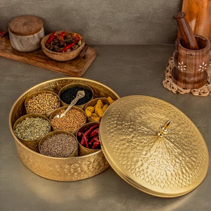 Brass Masala Box In Hand Chase Design (Round)