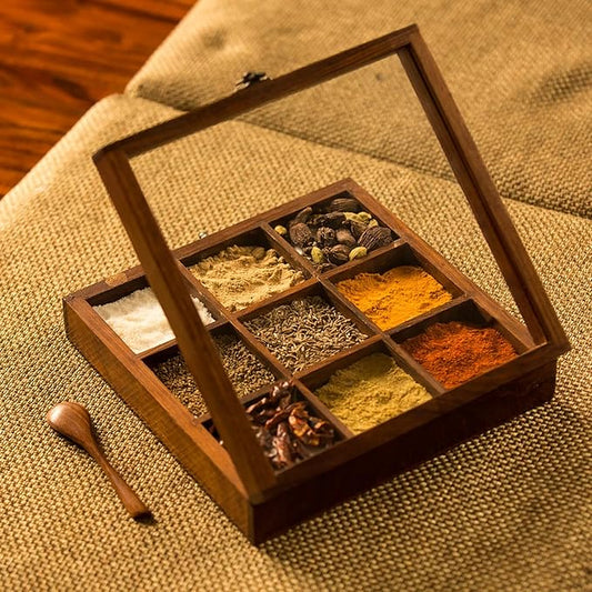 Sheesham Wood Masala Box With Glass Lid (9N)