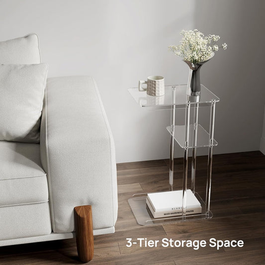 Clear Acrylic Side Table | C Shaped End Table for Sofa | Small Snack Tables for Living Room