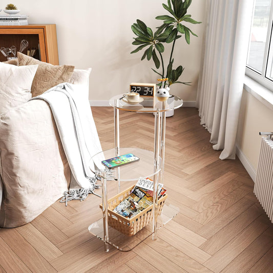 Acrylic Round Side Table - 3 Tiers Step End Table - Clear Nightstand Small Bedside Table Accent Entryway Table