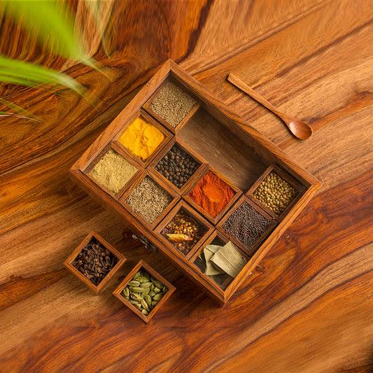 Sheesham Wood Masala Box With Glass Lid (12N)