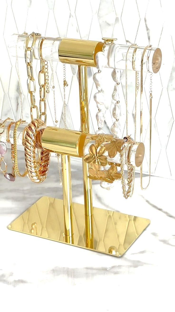Gold & Acrylic 2-Tier Jewelry Stand, Cute Organizer with Shiny Bars