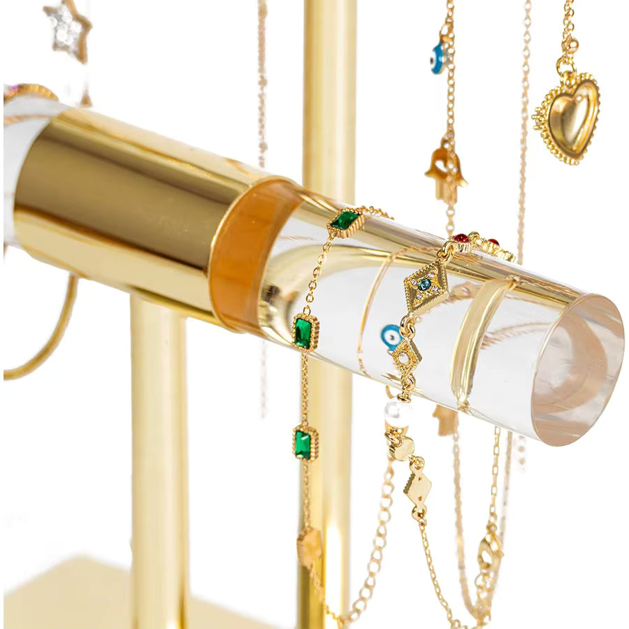 Gold & Acrylic 2-Tier Jewelry Stand, Cute Organizer with Shiny Bars