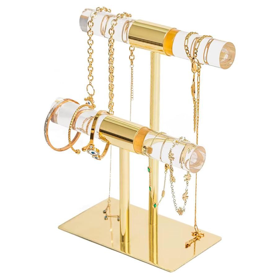 Gold & Acrylic 2-Tier Jewelry Stand, Cute Organizer with Shiny Bars