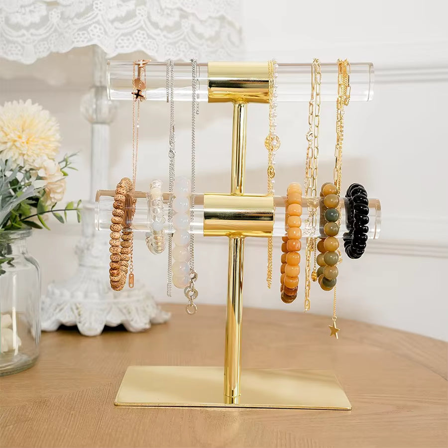 Gold & Acrylic 2-Tier Jewelry Stand, Cute Organizer with Shiny Bars