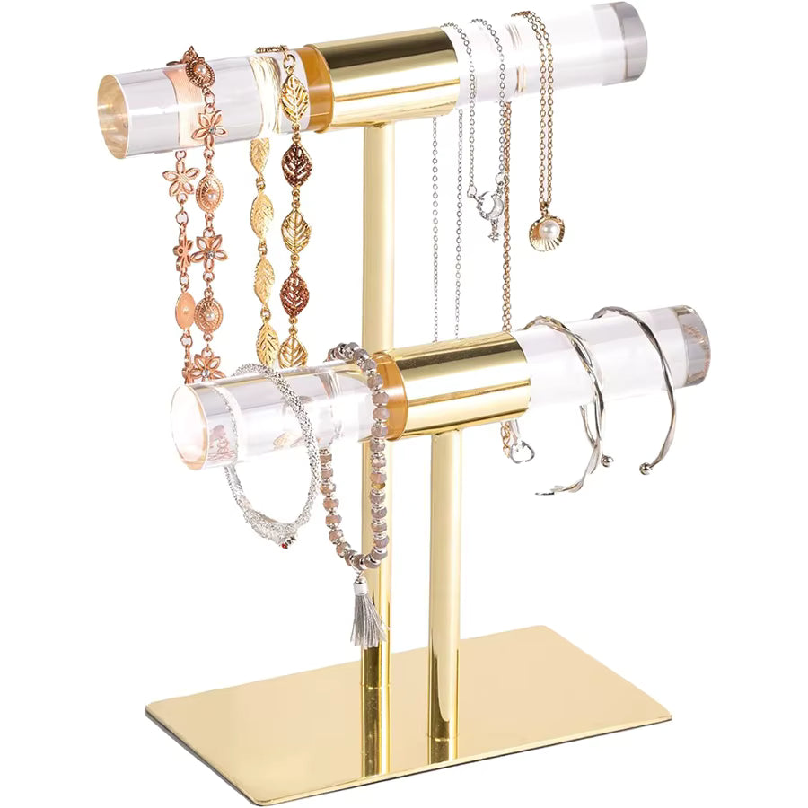 Gold & Acrylic 2-Tier Jewelry Stand, Cute Organizer with Shiny Bars