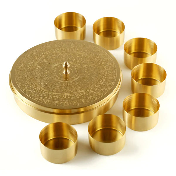 Brass Masala Box In Half Engraving Design (Round)