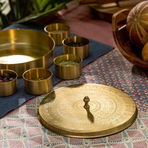 Brass Masala Box In Half Engraving Design (Round)