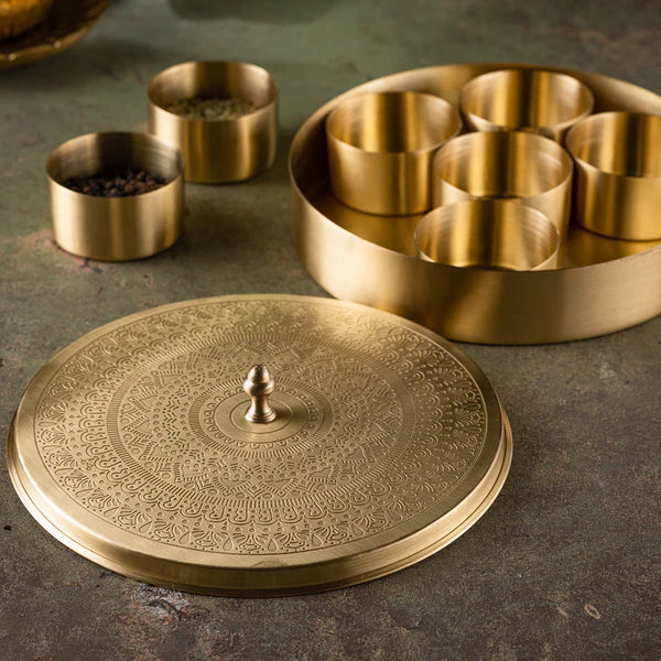 Brass Masala Box In Half Engraving Design (Round)