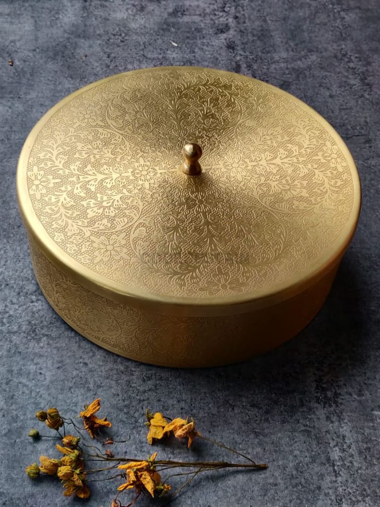 Brass Masala Box In Full Engrave Design (Round)