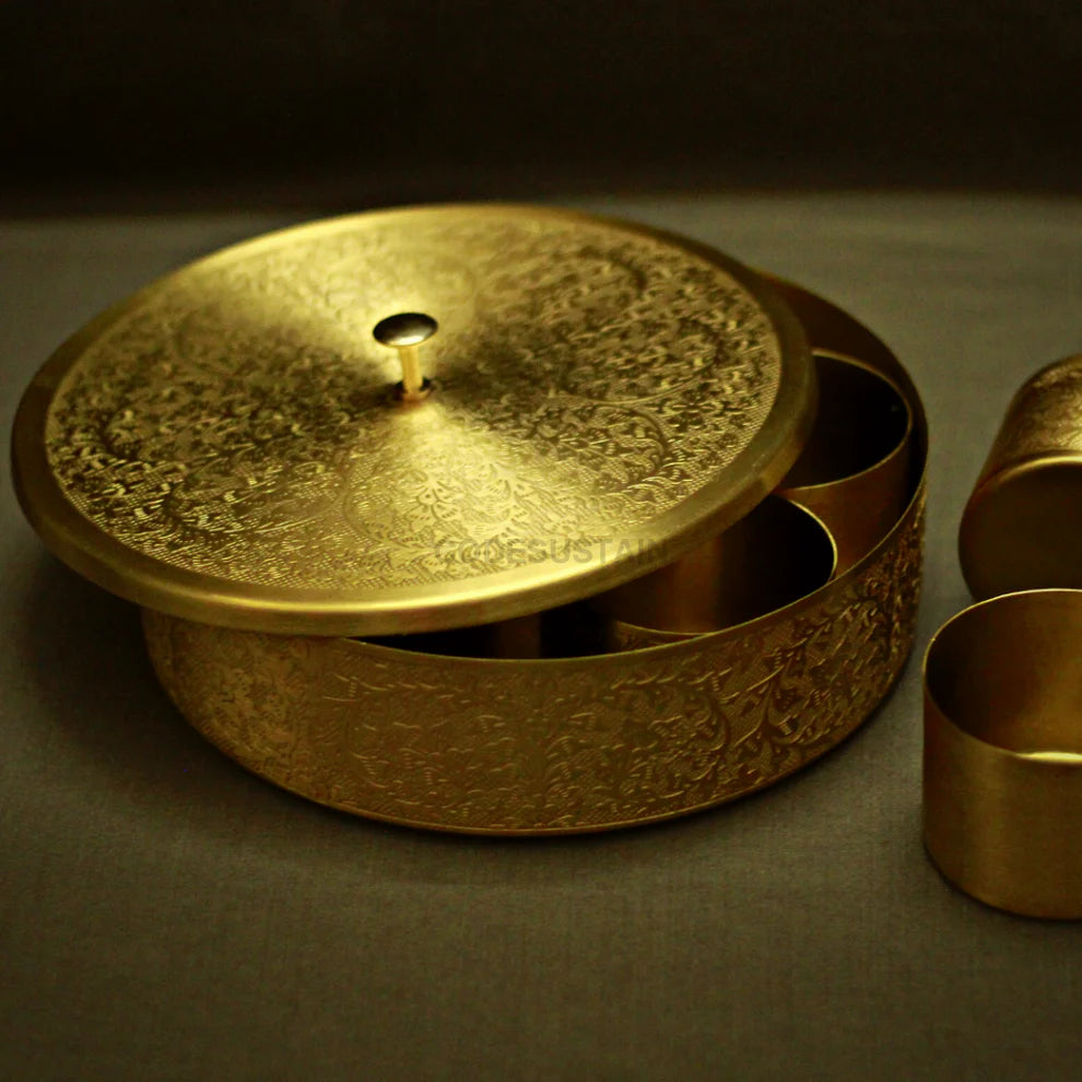 Brass Masala Box In Full Engrave Design (Round)