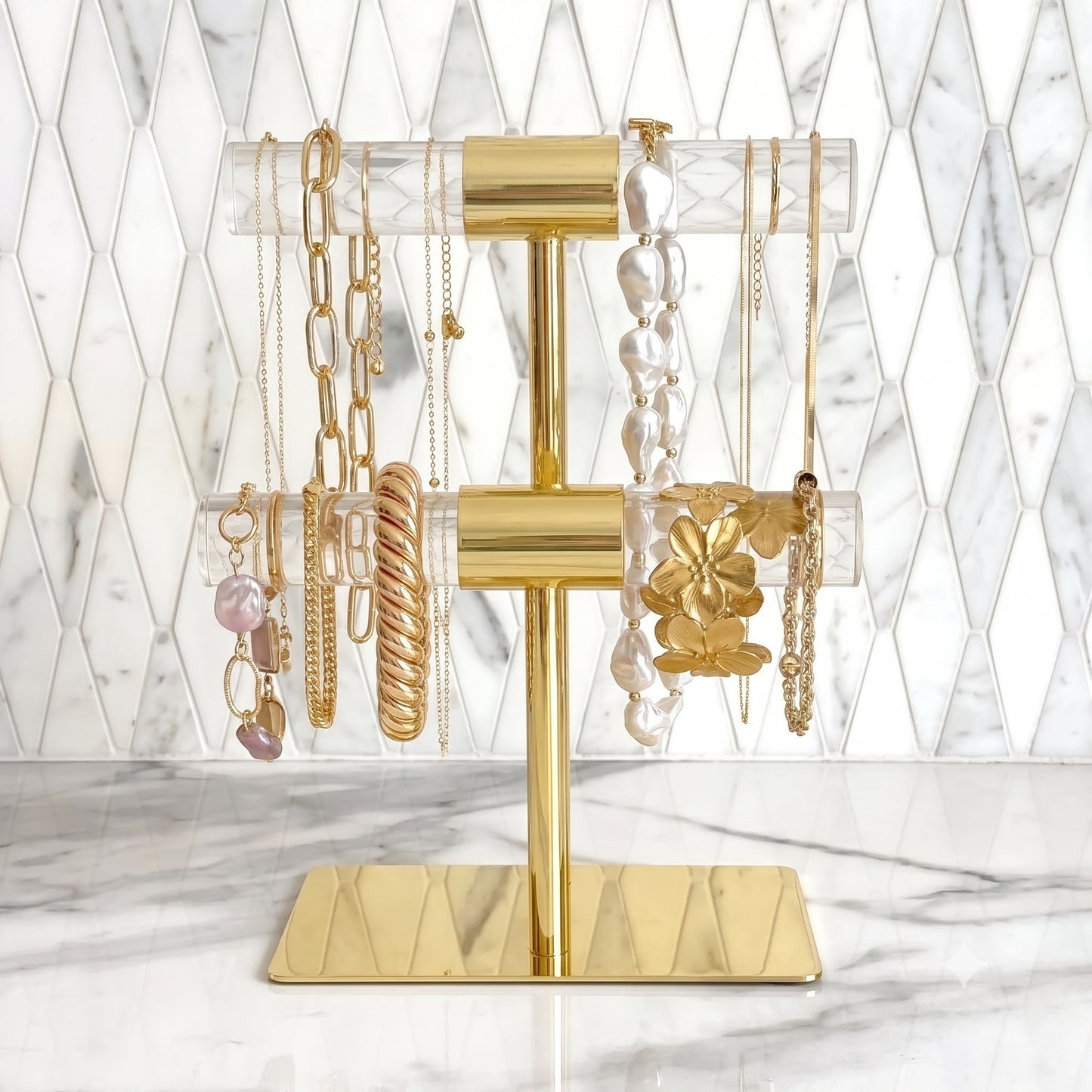 Gold & Acrylic 2-Tier Jewelry Stand with Shiny Bars