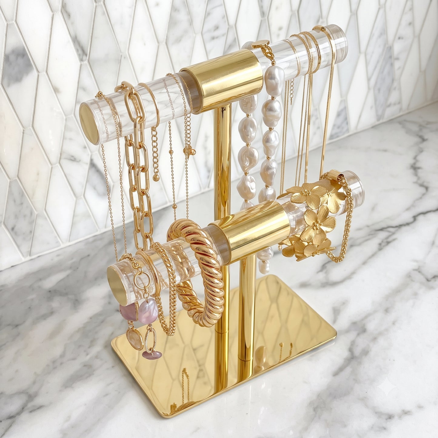 Gold & Acrylic 2-Tier Jewelry Stand with Shiny Bars