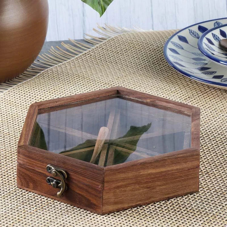 Sheesham Wood Masala Box With Glass Lid Hex 6N Lime Metal
