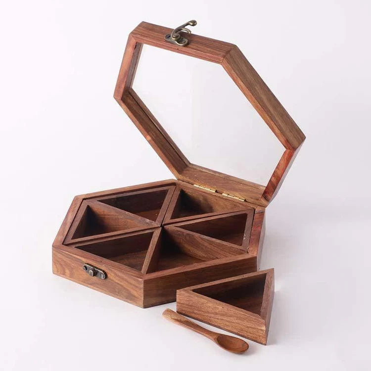 Sheesham Wood Masala Box With Glass Lid (Hex - 6N)