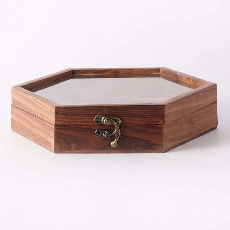 Sheesham Wood Masala Box With Glass Lid (Hex - 6N)